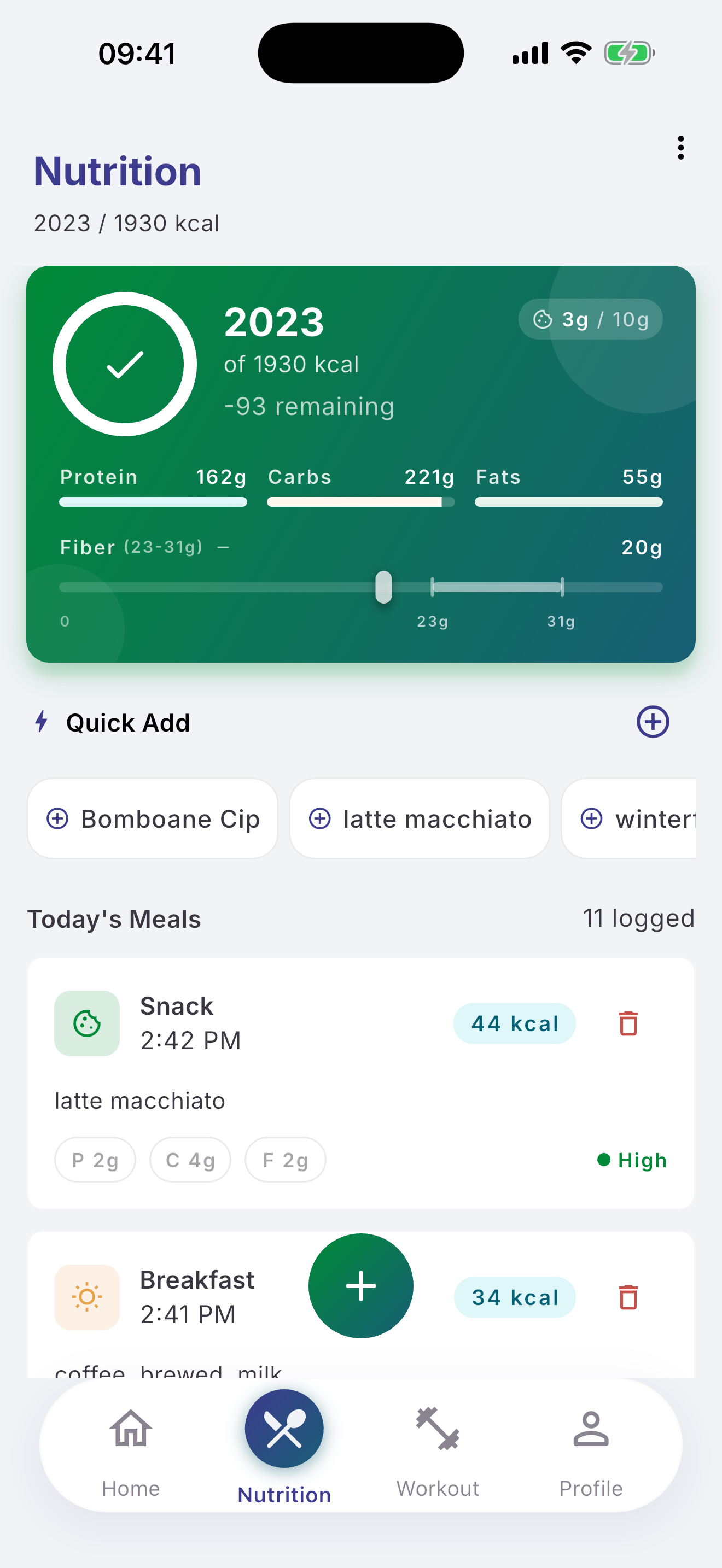 Kaivro nutrition screen showing daily macros, quick-add chips, and today's meals