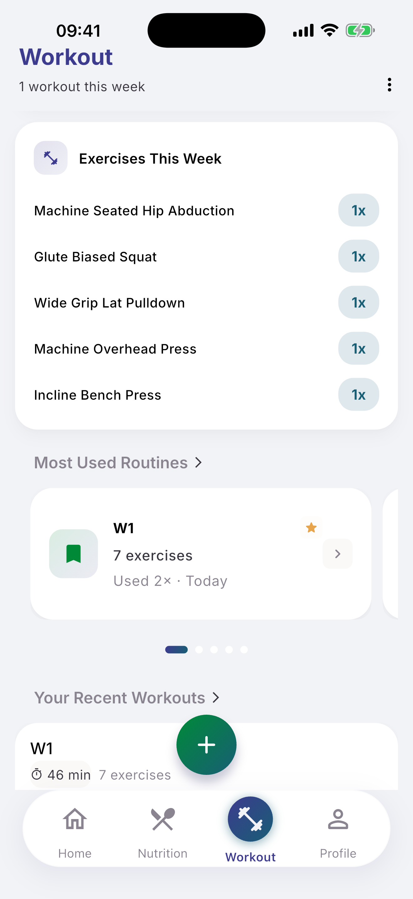 Workout history with completed sessions
