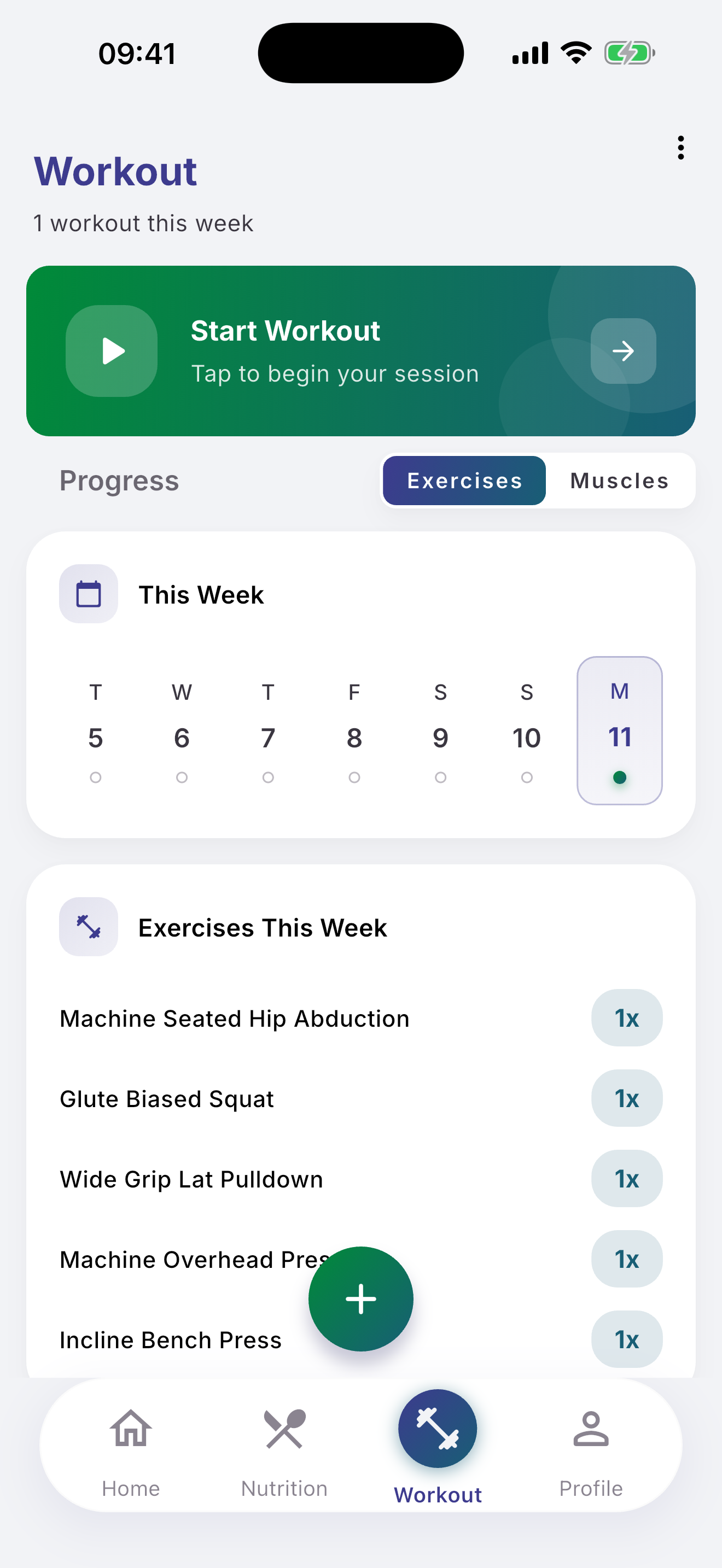 Kaivro workout screen showing weekly progress